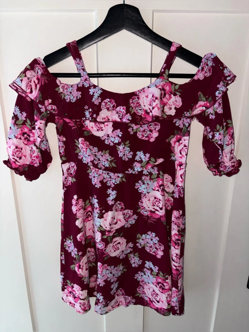 Girls Justice Tunic Dress Sz 10 Burgundy Floral Cold Shoulder Sequins EUC Fall